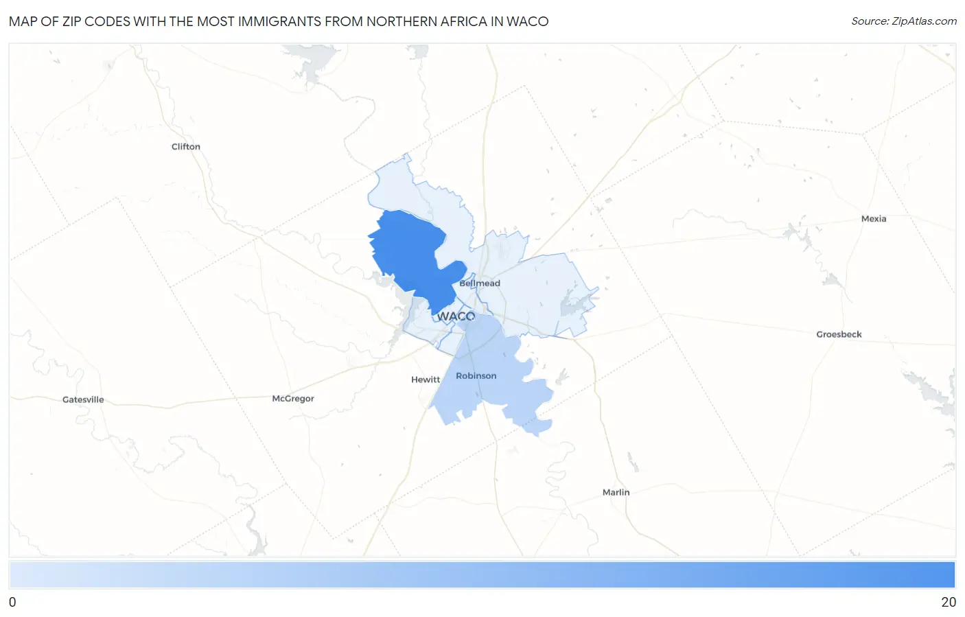 Zip Codes with the Most Immigrants from Northern Africa in Waco Map