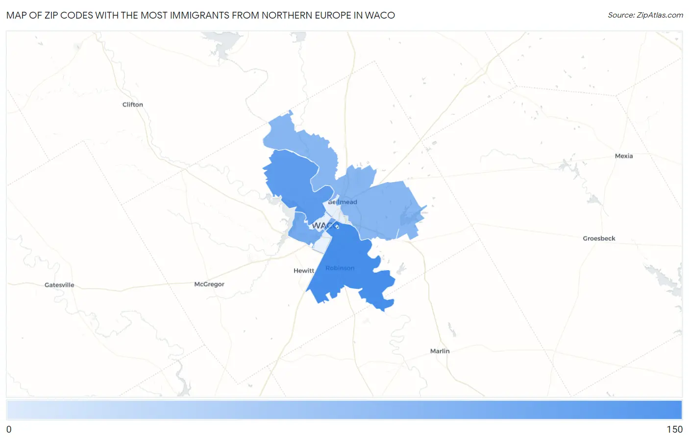 Zip Codes with the Most Immigrants from Northern Europe in Waco Map