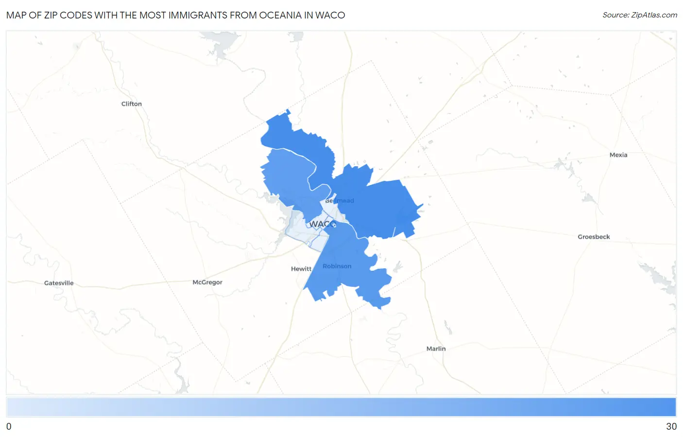 Zip Codes with the Most Immigrants from Oceania in Waco Map