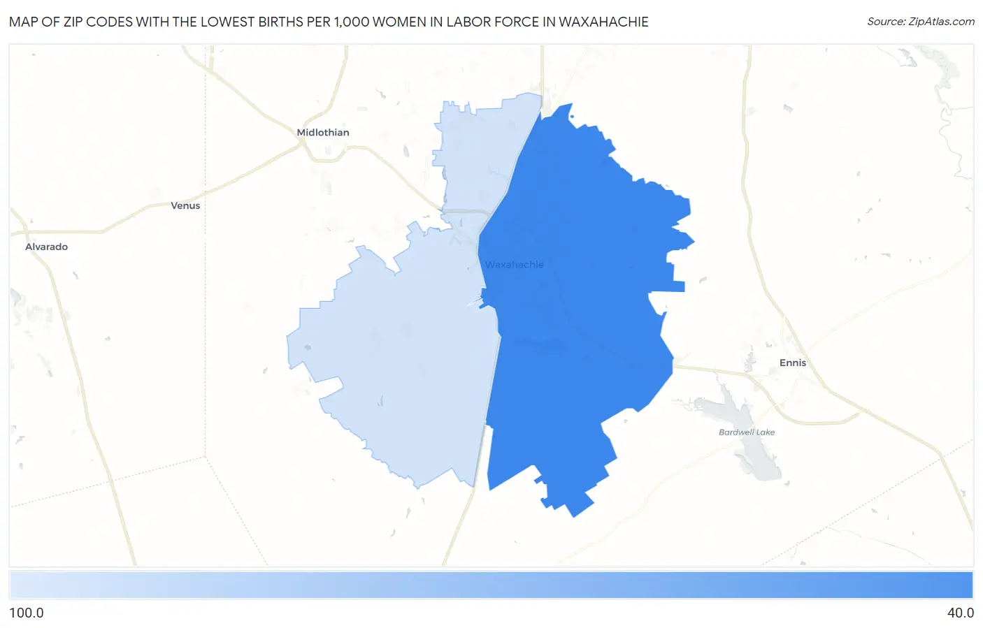 Zip Codes with the Lowest Births per 1,000 Women in Labor Force in Waxahachie Map