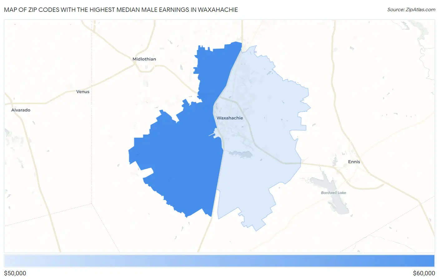 Zip Codes with the Highest Median Male Earnings in Waxahachie Map