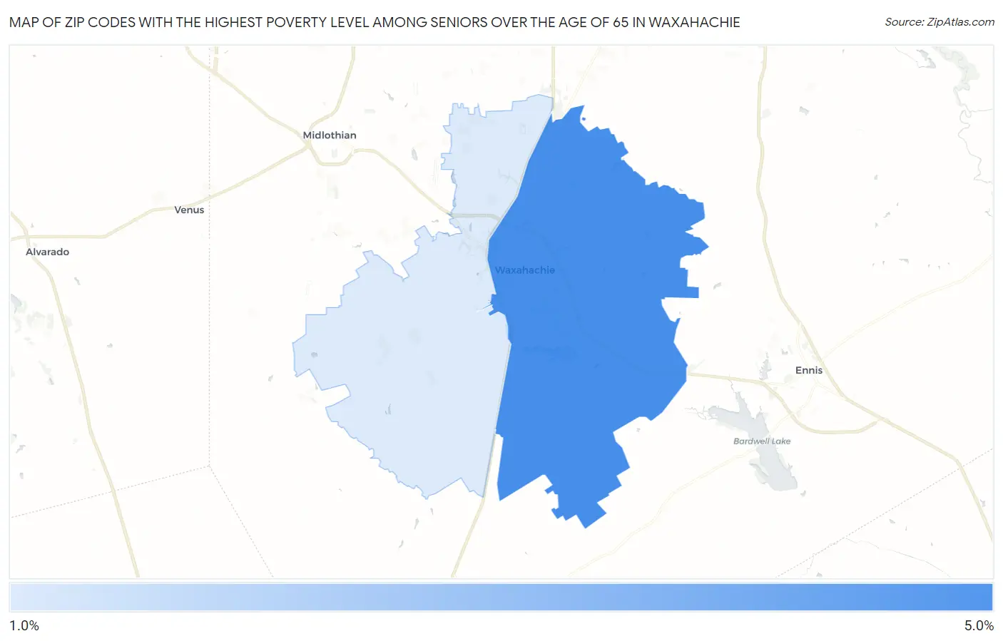 Zip Codes with the Highest Poverty Level Among Seniors Over the Age of 65 in Waxahachie Map