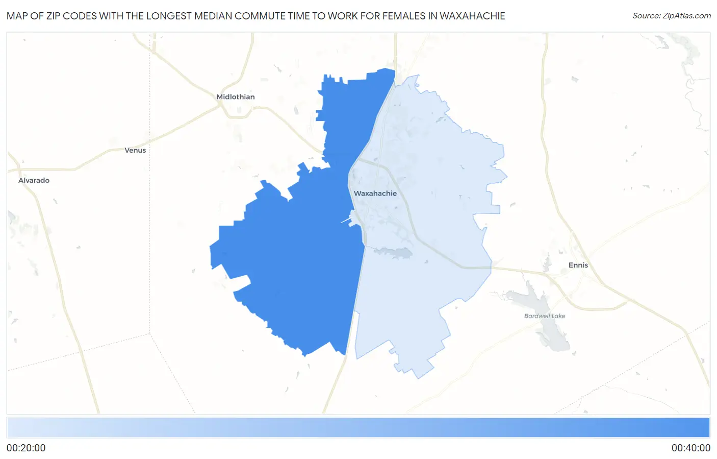 Zip Codes with the Longest Median Commute Time to Work for Females in Waxahachie Map