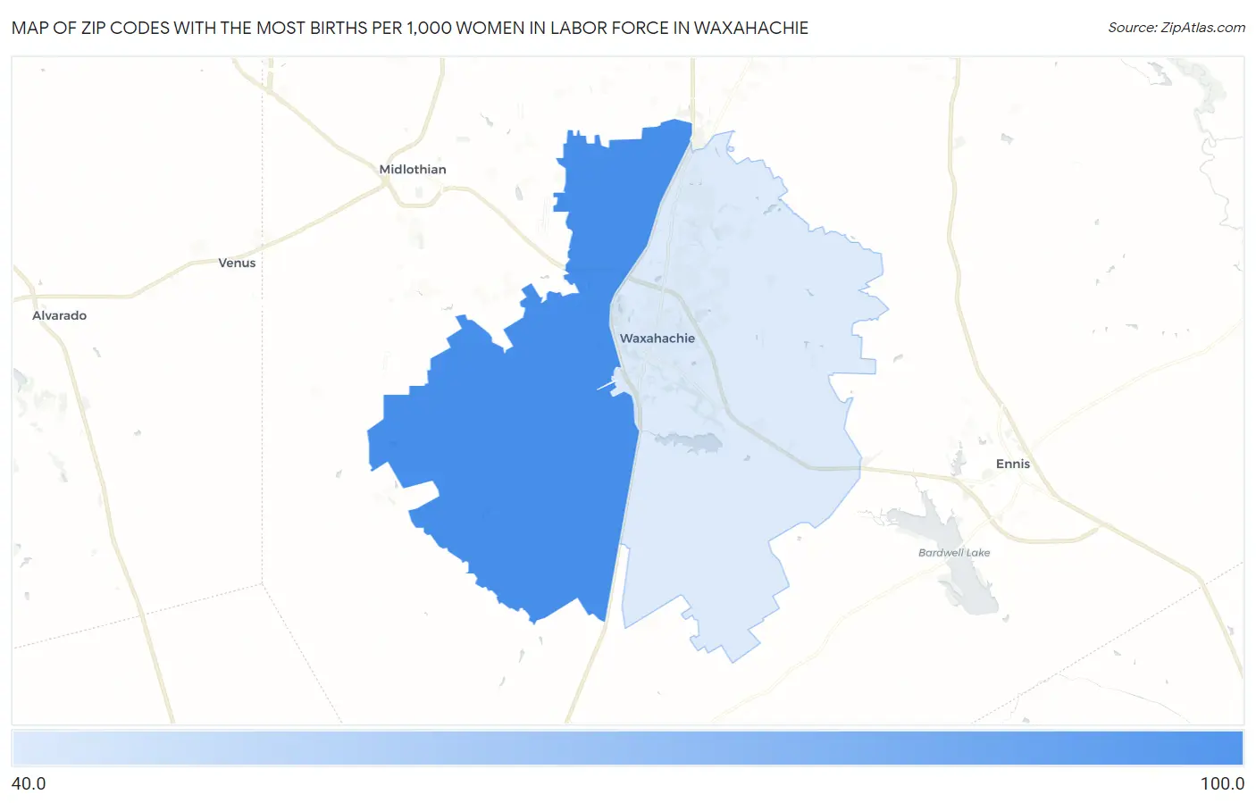 Zip Codes with the Most Births per 1,000 Women in Labor Force in Waxahachie Map