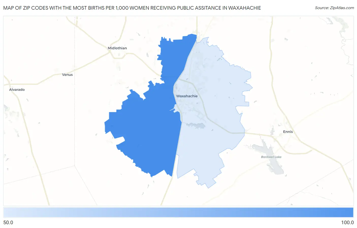 Zip Codes with the Most Births per 1,000 Women Receiving Public Assitance in Waxahachie Map