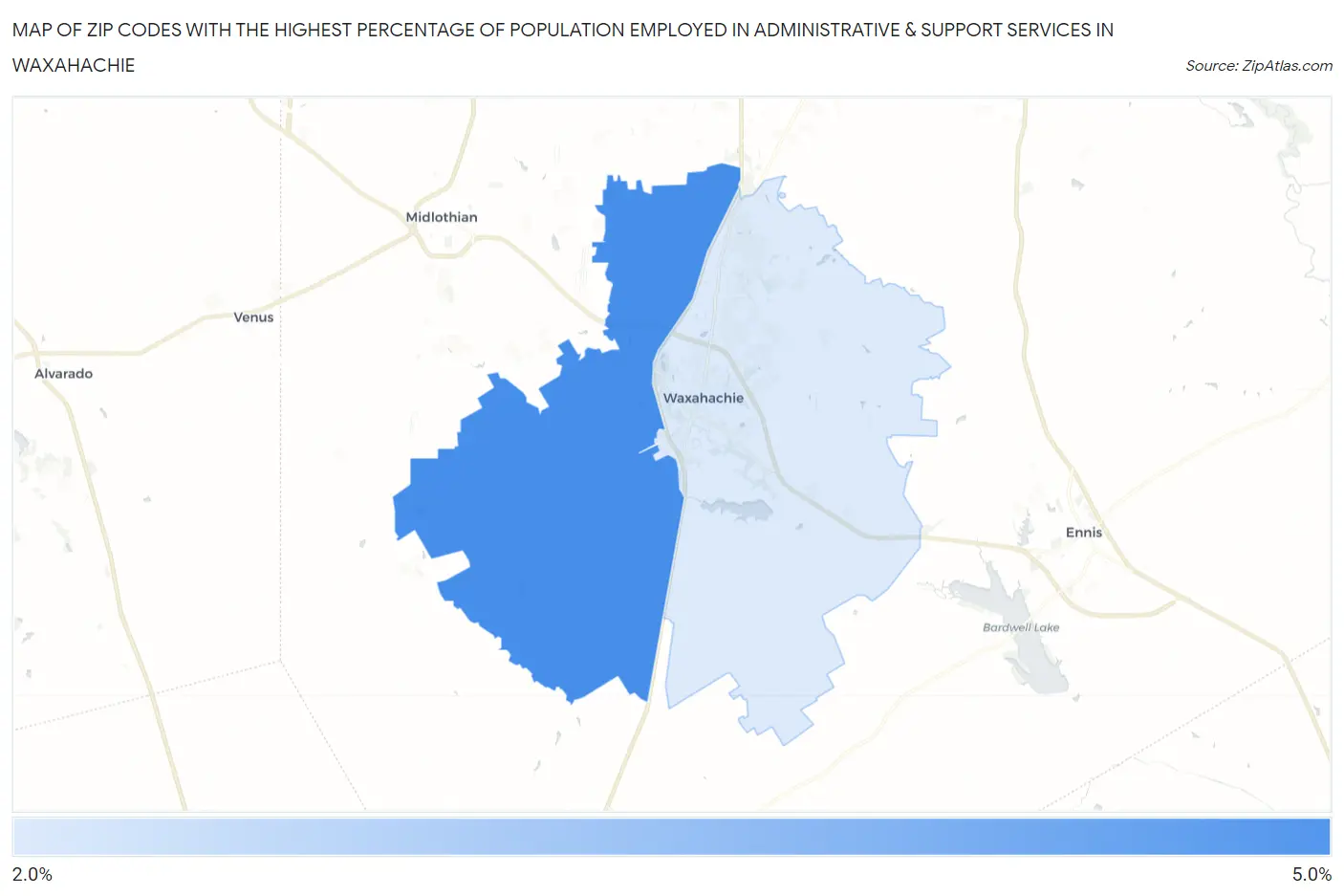 Zip Codes with the Highest Percentage of Population Employed in Administrative & Support Services in Waxahachie Map