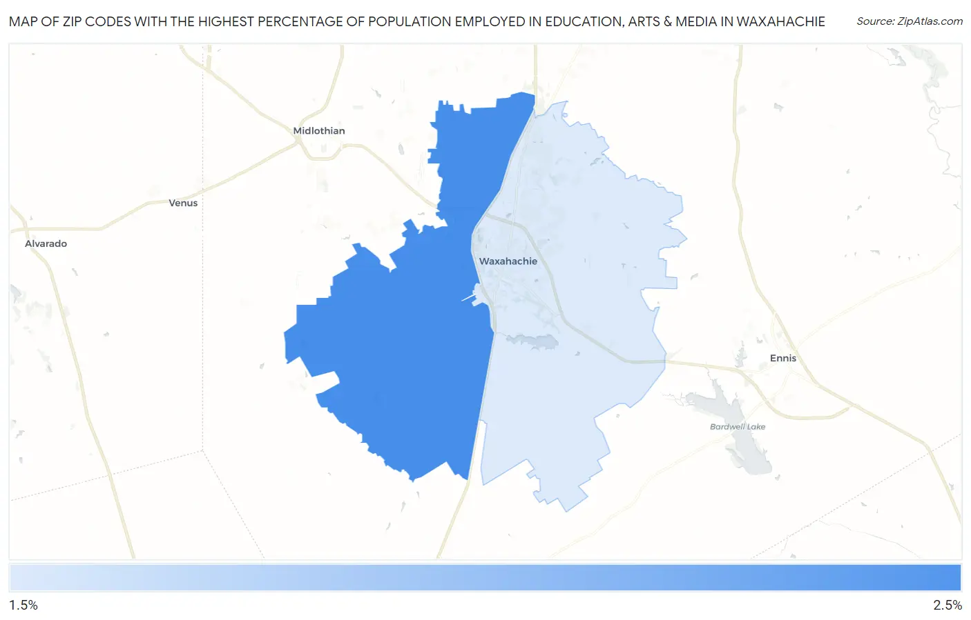 Zip Codes with the Highest Percentage of Population Employed in Education, Arts & Media in Waxahachie Map