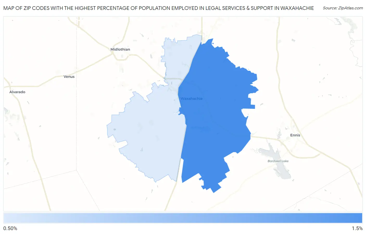 Zip Codes with the Highest Percentage of Population Employed in Legal Services & Support in Waxahachie Map
