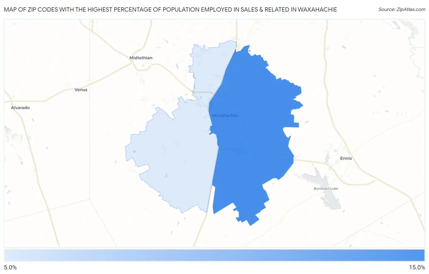Zip Codes with the Highest Percentage of Population Employed in Sales & Related in Waxahachie Map
