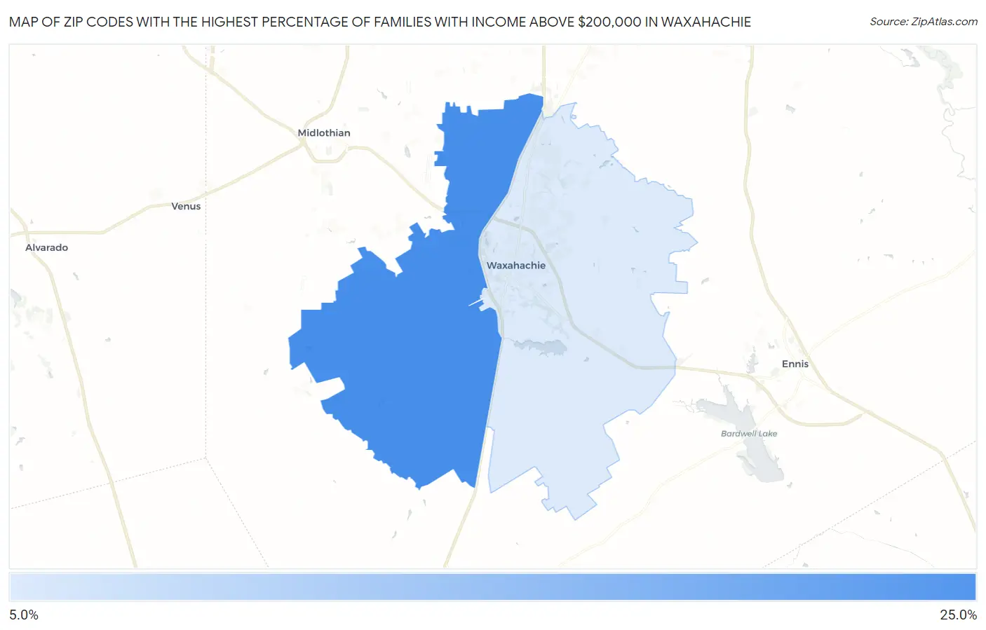 Zip Codes with the Highest Percentage of Families with Income Above $200,000 in Waxahachie Map