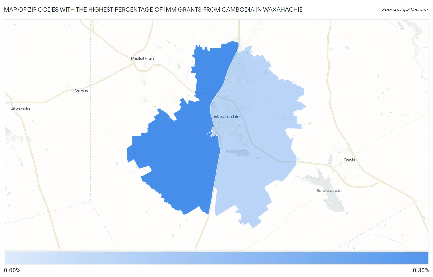 Zip Codes with the Highest Percentage of Immigrants from Cambodia in Waxahachie Map