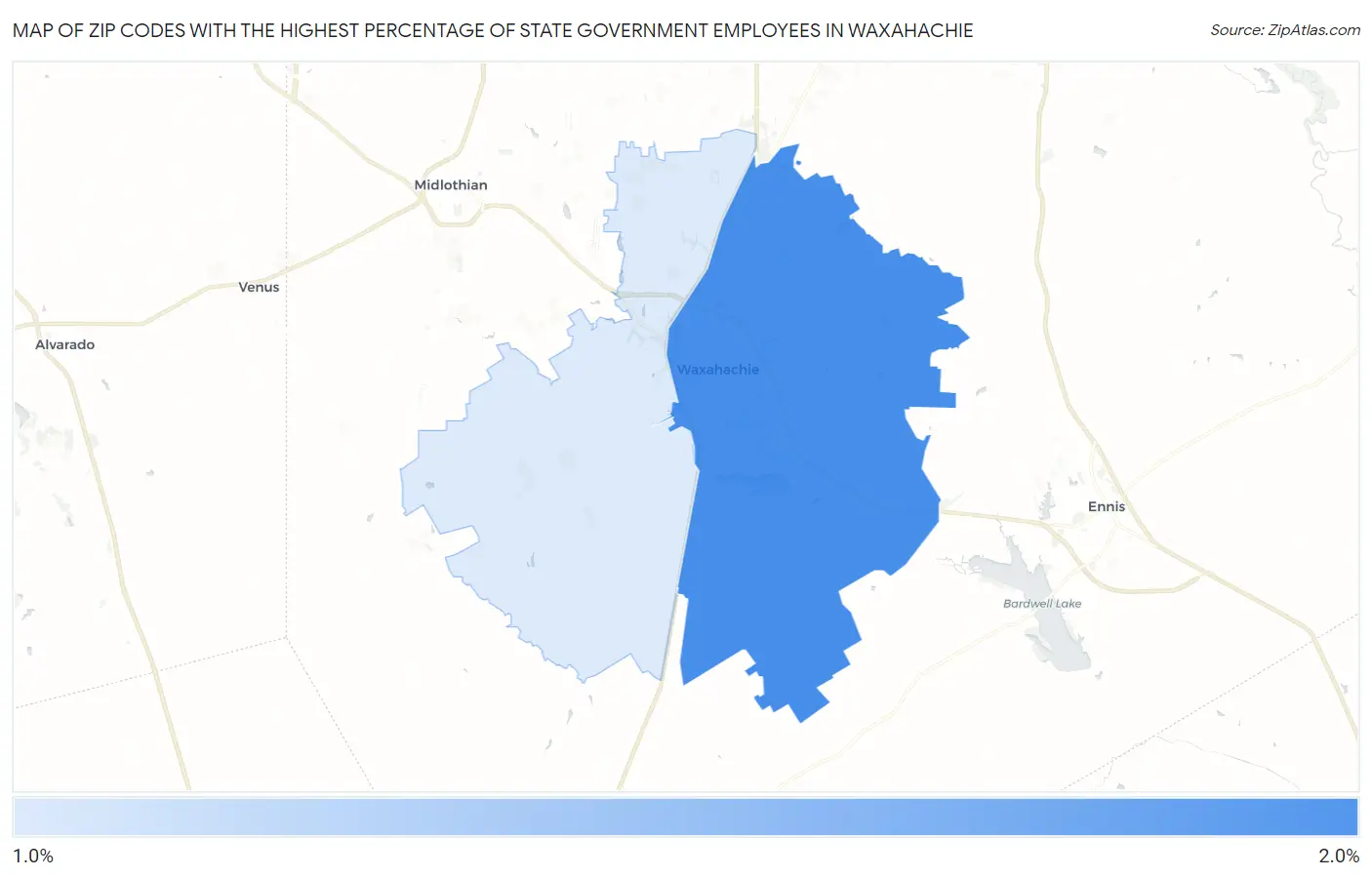 Zip Codes with the Highest Percentage of State Government Employees in Waxahachie Map