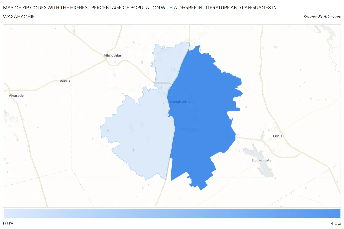 Zip Codes with the Highest Percentage of Population with a Degree in Literature and Languages in Waxahachie Map
