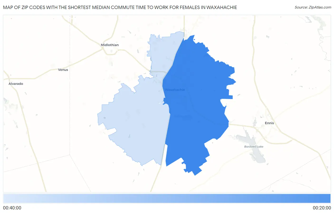 Zip Codes with the Shortest Median Commute Time to Work for Females in Waxahachie Map