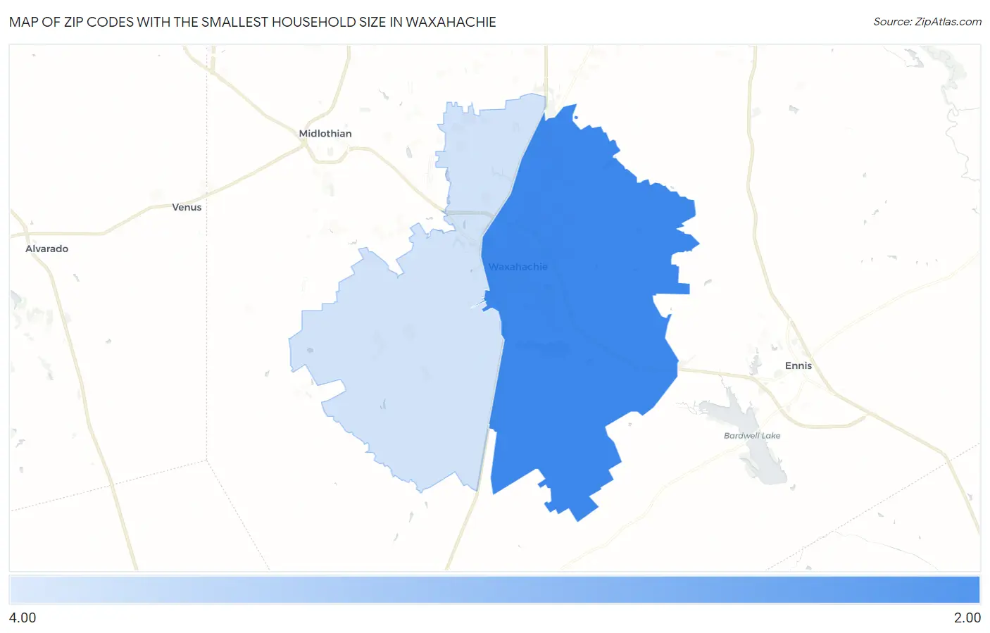 Zip Codes with the Smallest Household Size in Waxahachie Map