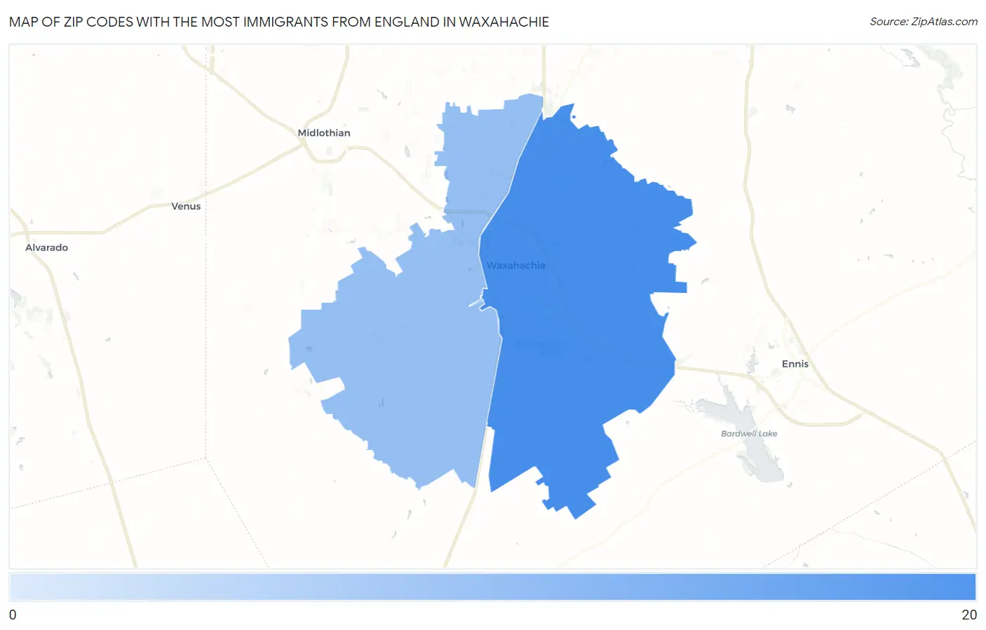 Zip Codes with the Most Immigrants from England in Waxahachie Map