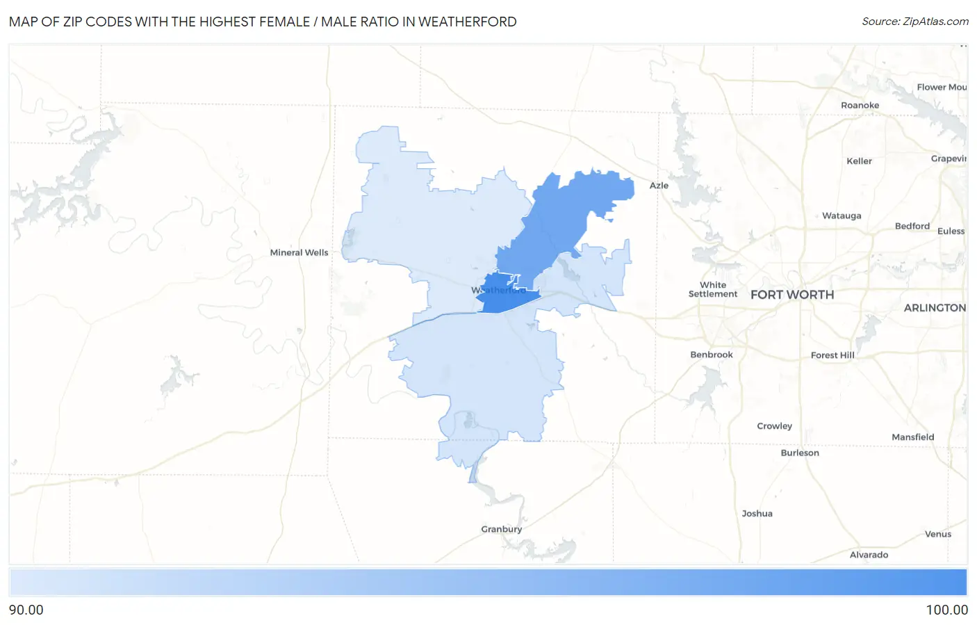 Zip Codes with the Highest Female / Male Ratio in Weatherford Map