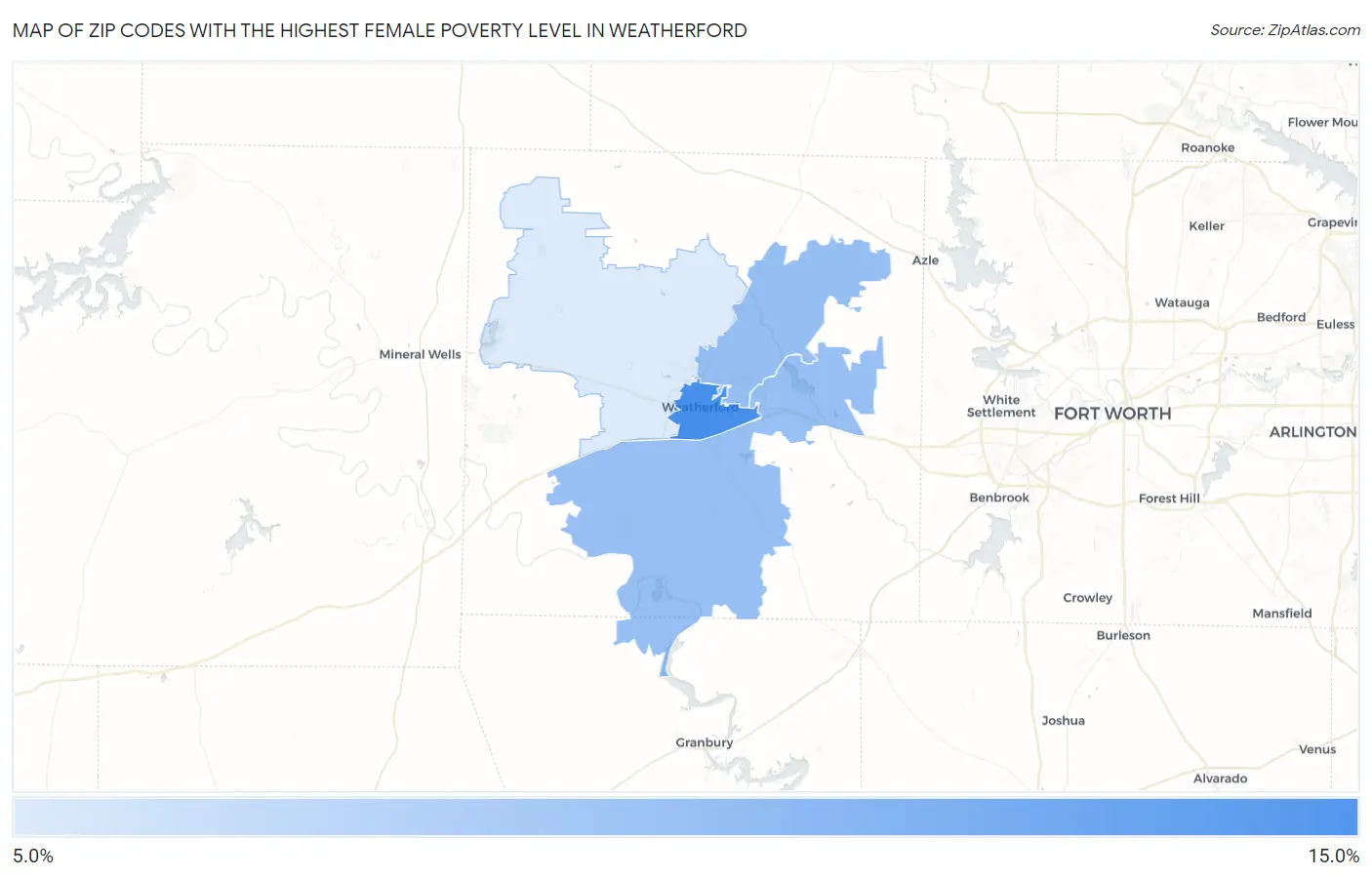 Zip Codes with the Highest Female Poverty Level in Weatherford Map