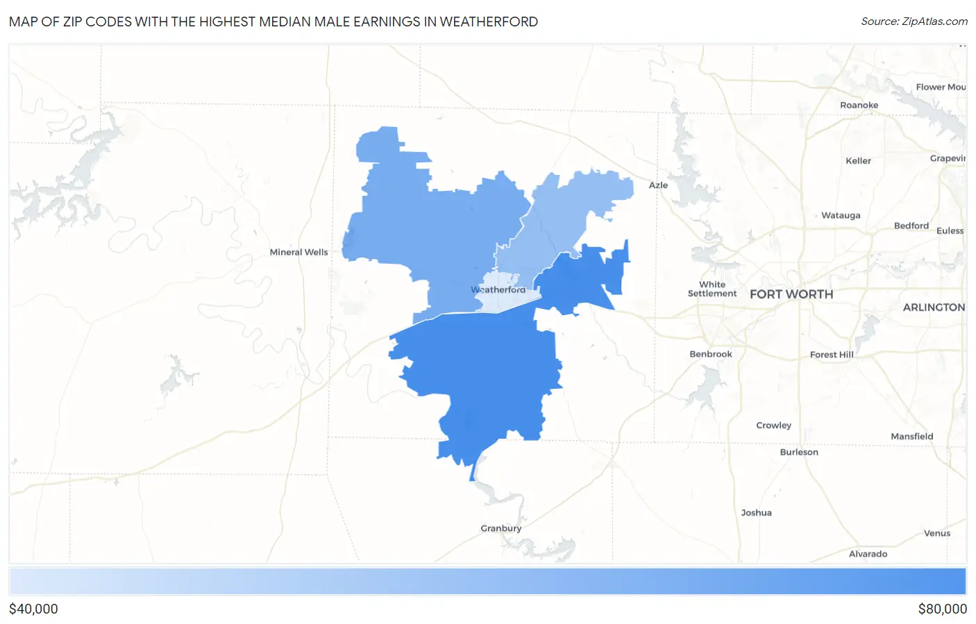 Zip Codes with the Highest Median Male Earnings in Weatherford Map