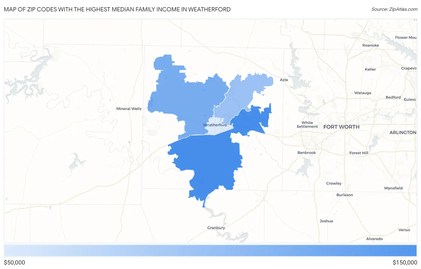 Zip Codes with the Highest Median Family Income in Weatherford Map