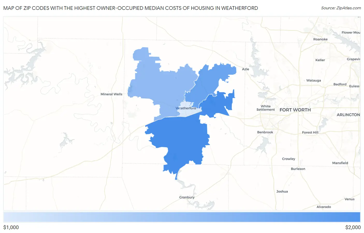Zip Codes with the Highest Owner-Occupied Median Costs of Housing in Weatherford Map