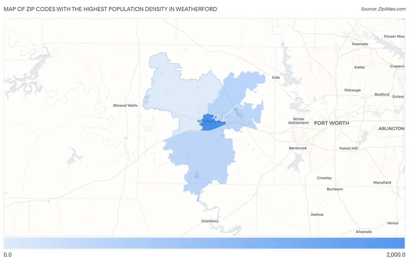Zip Codes with the Highest Population Density in Weatherford Map