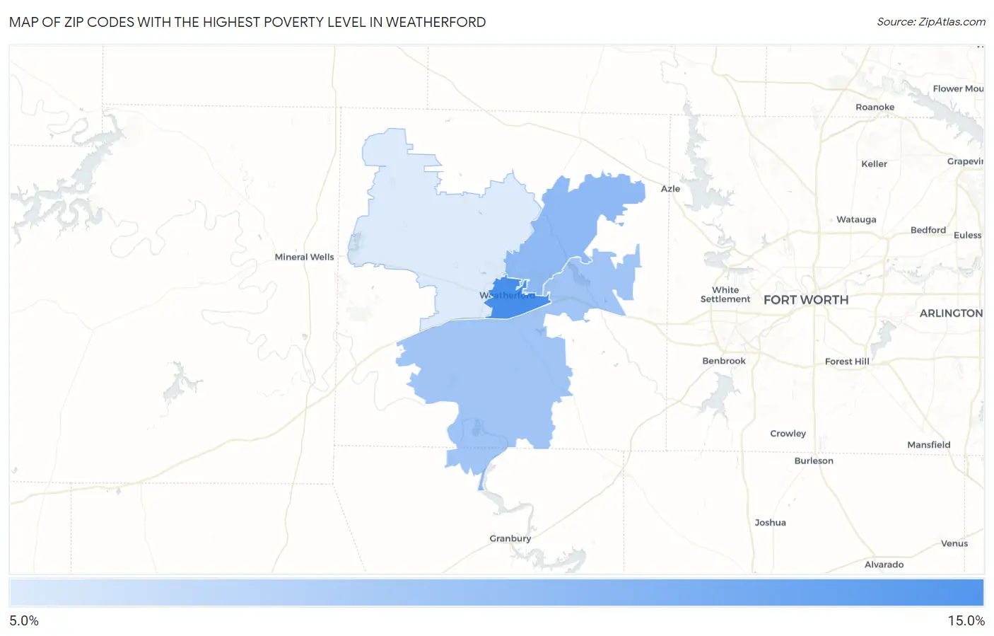 Zip Codes with the Highest Poverty Level in Weatherford Map