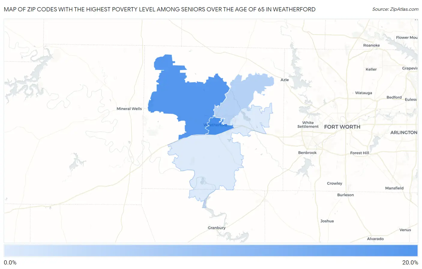 Zip Codes with the Highest Poverty Level Among Seniors Over the Age of 65 in Weatherford Map