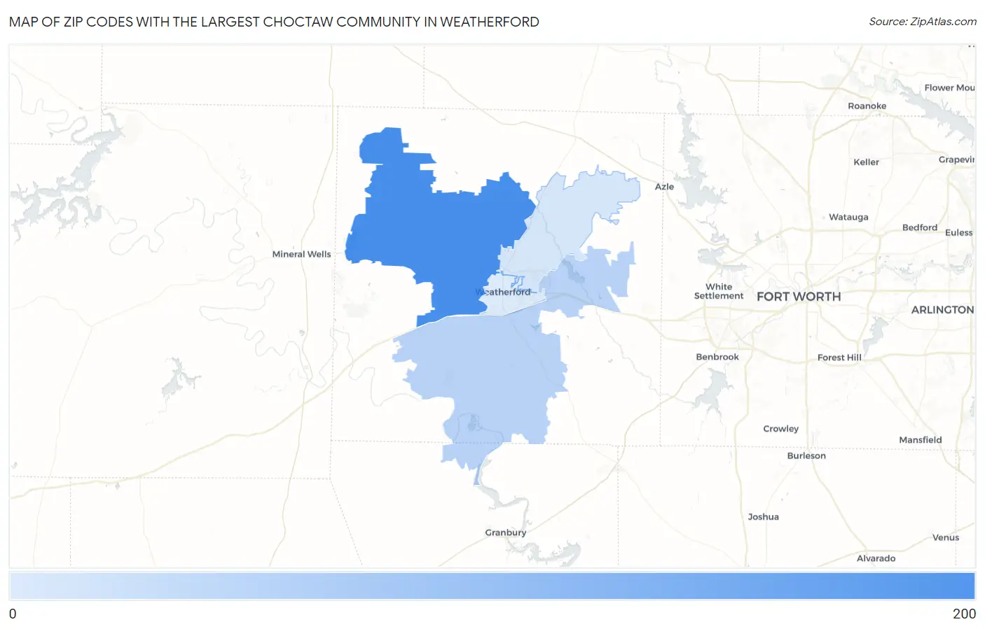 Zip Codes with the Largest Choctaw Community in Weatherford Map