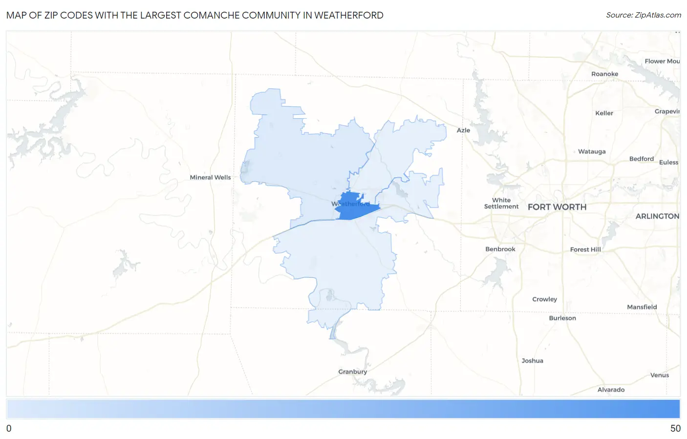 Zip Codes with the Largest Comanche Community in Weatherford Map