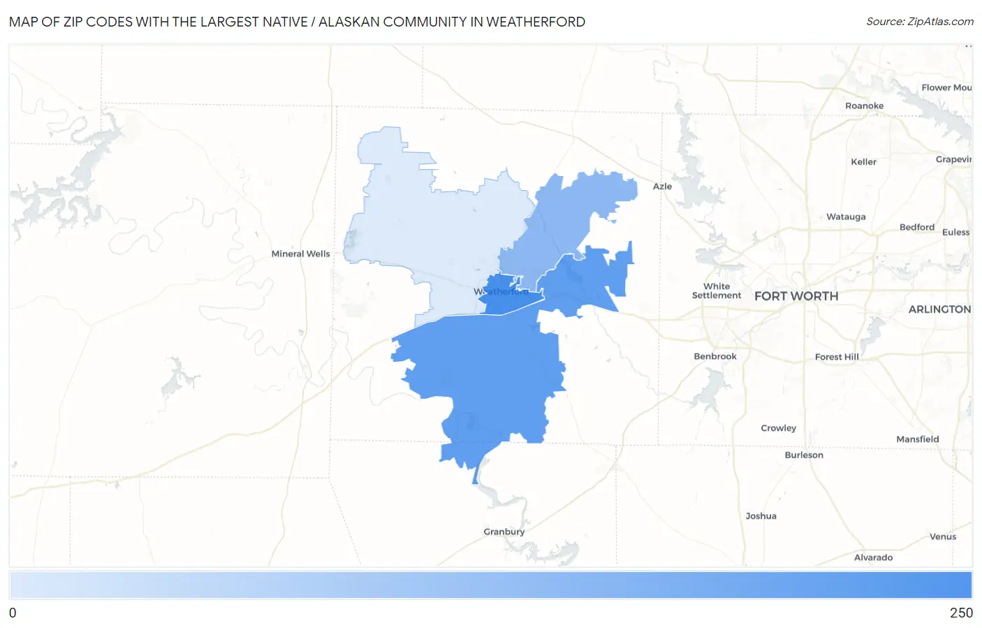 Zip Codes with the Largest Native / Alaskan Community in Weatherford Map