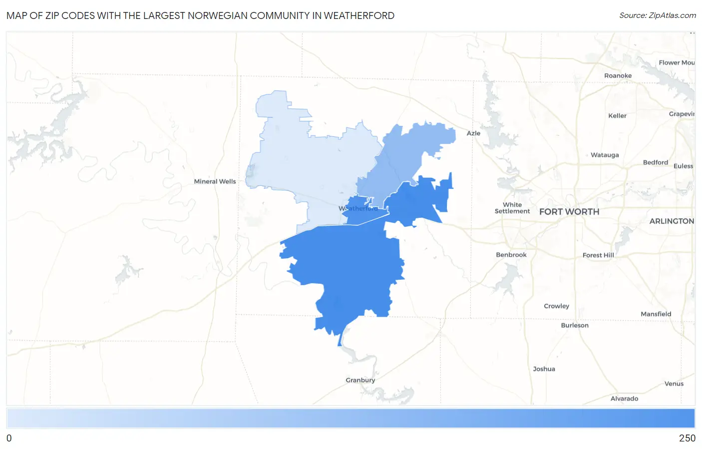 Zip Codes with the Largest Norwegian Community in Weatherford Map