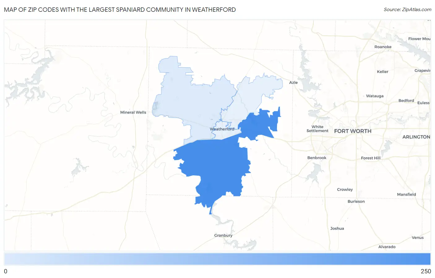 Zip Codes with the Largest Spaniard Community in Weatherford Map