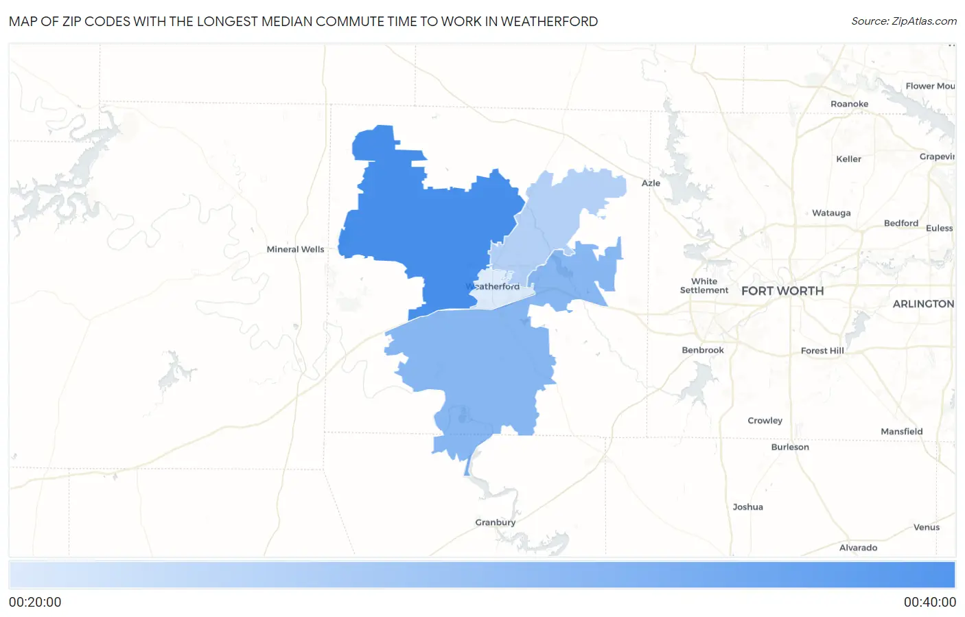 Zip Codes with the Longest Median Commute Time to Work in Weatherford Map