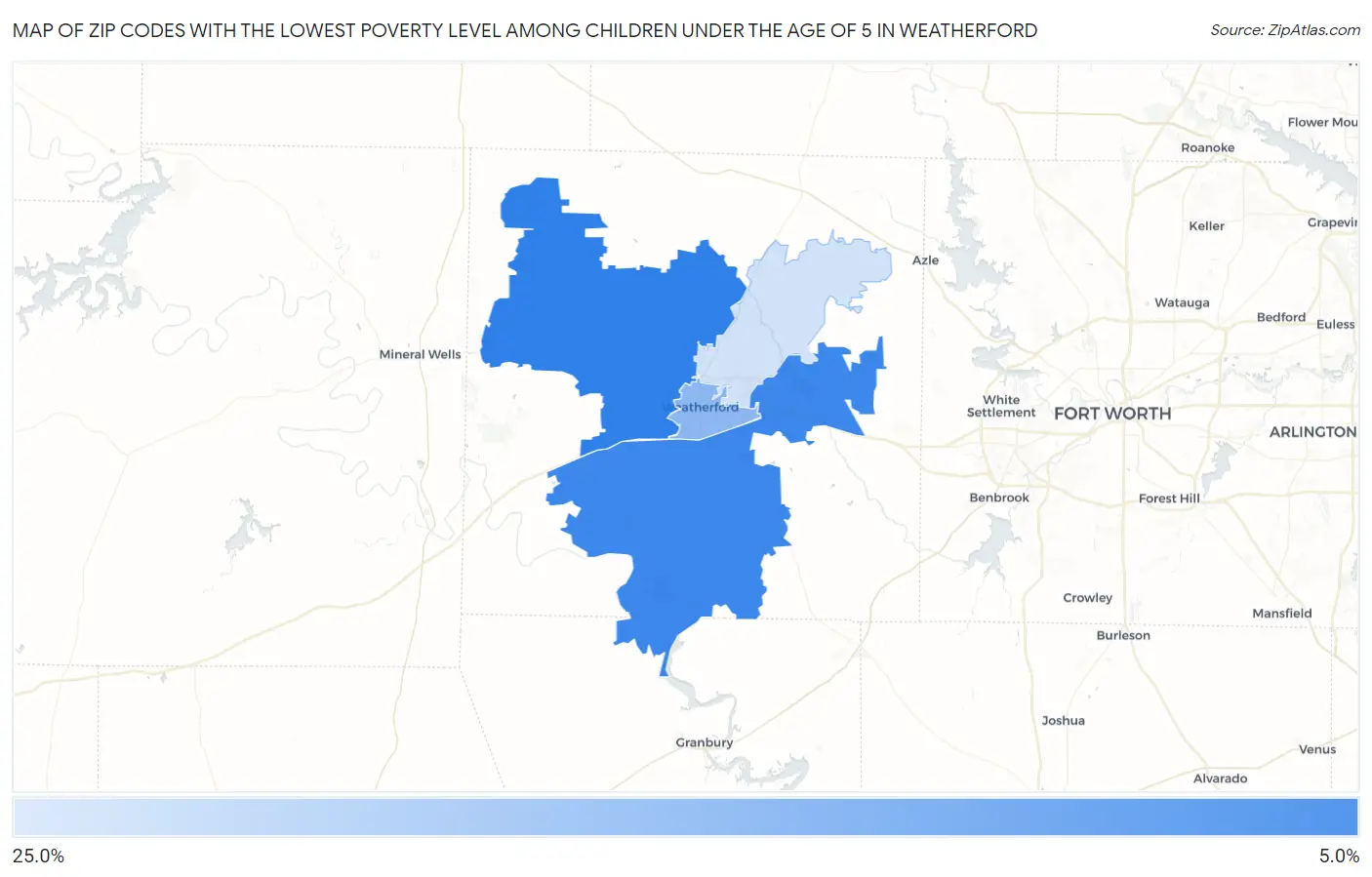 Zip Codes with the Lowest Poverty Level Among Children Under the Age of 5 in Weatherford Map