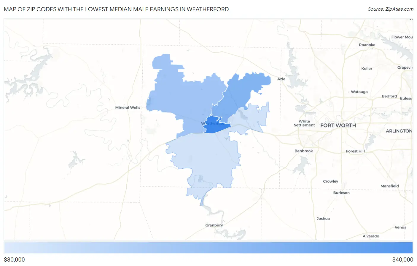 Zip Codes with the Lowest Median Male Earnings in Weatherford Map