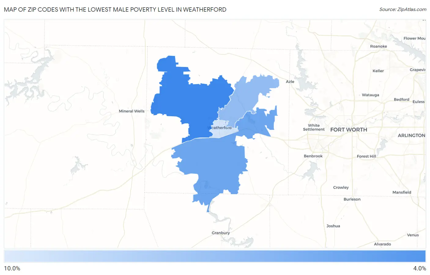 Zip Codes with the Lowest Male Poverty Level in Weatherford Map