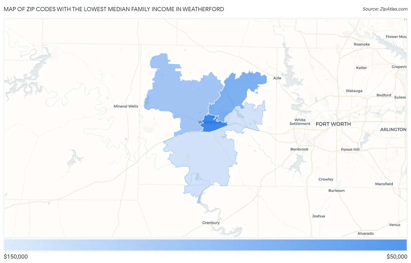 Zip Codes with the Lowest Median Family Income in Weatherford Map