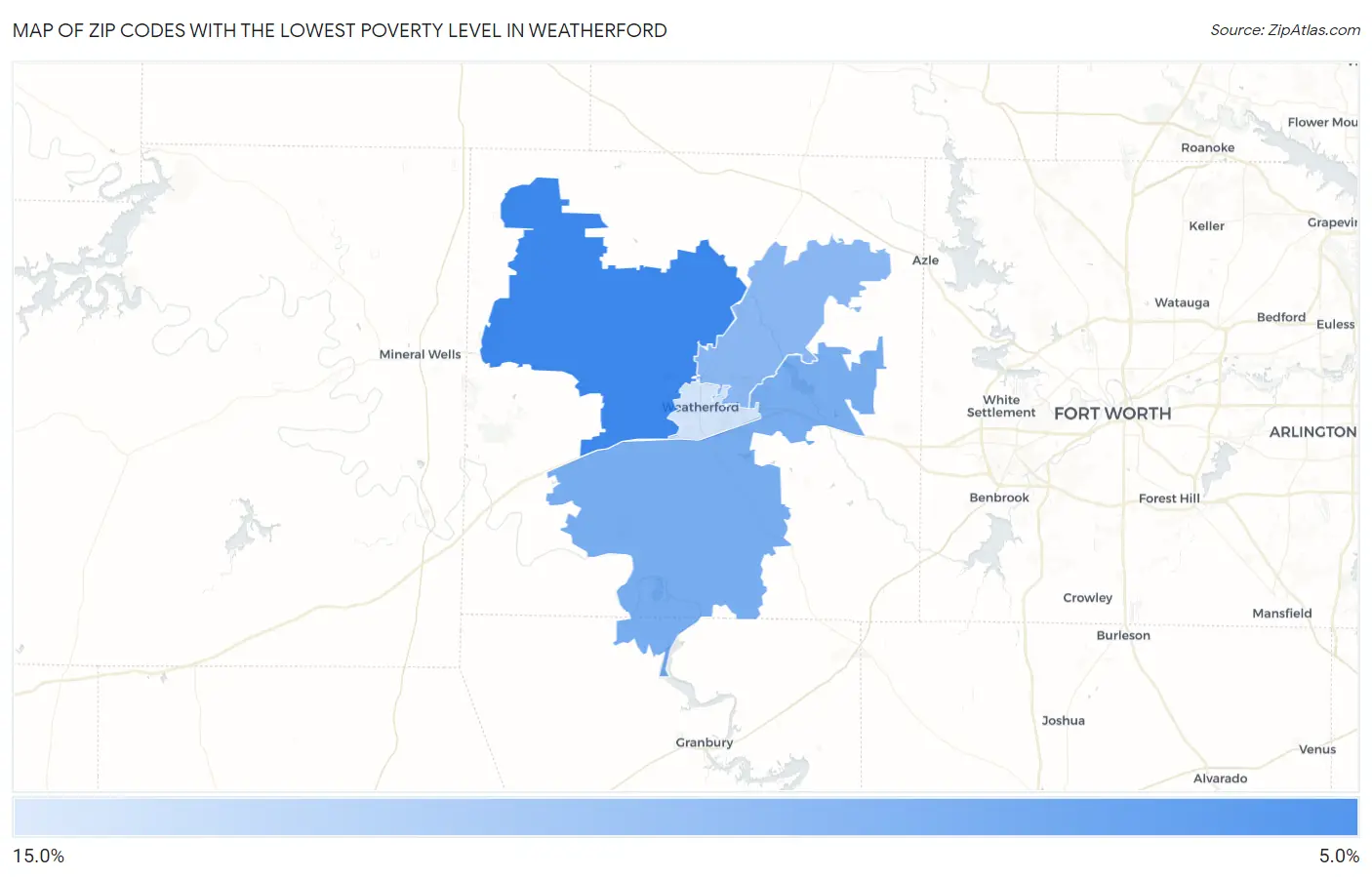 Zip Codes with the Lowest Poverty Level in Weatherford Map