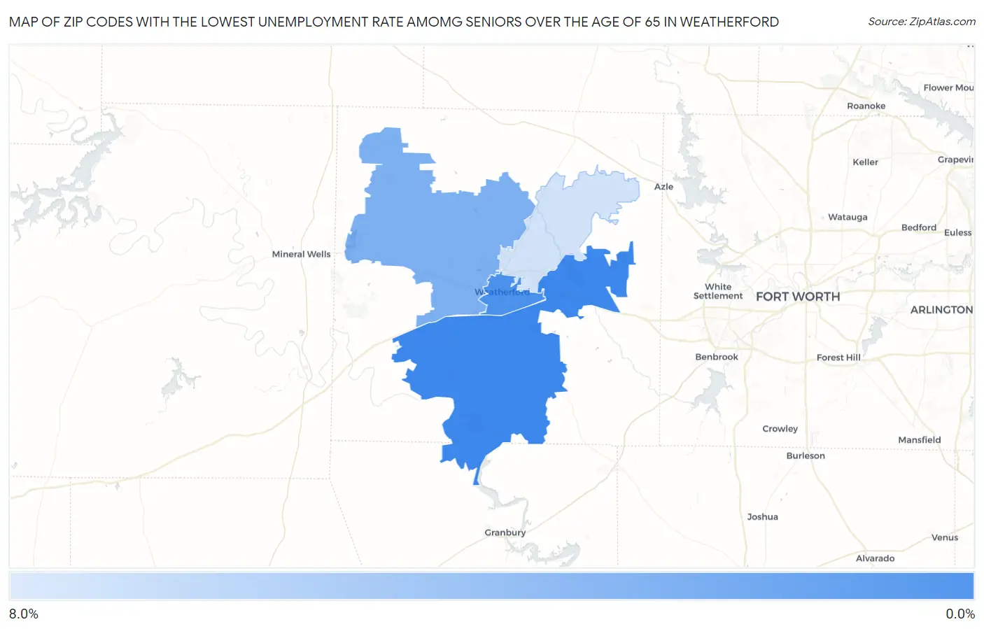 Zip Codes with the Lowest Unemployment Rate Amomg Seniors Over the Age of 65 in Weatherford Map