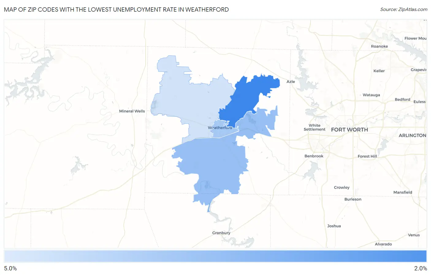 Zip Codes with the Lowest Unemployment Rate in Weatherford Map
