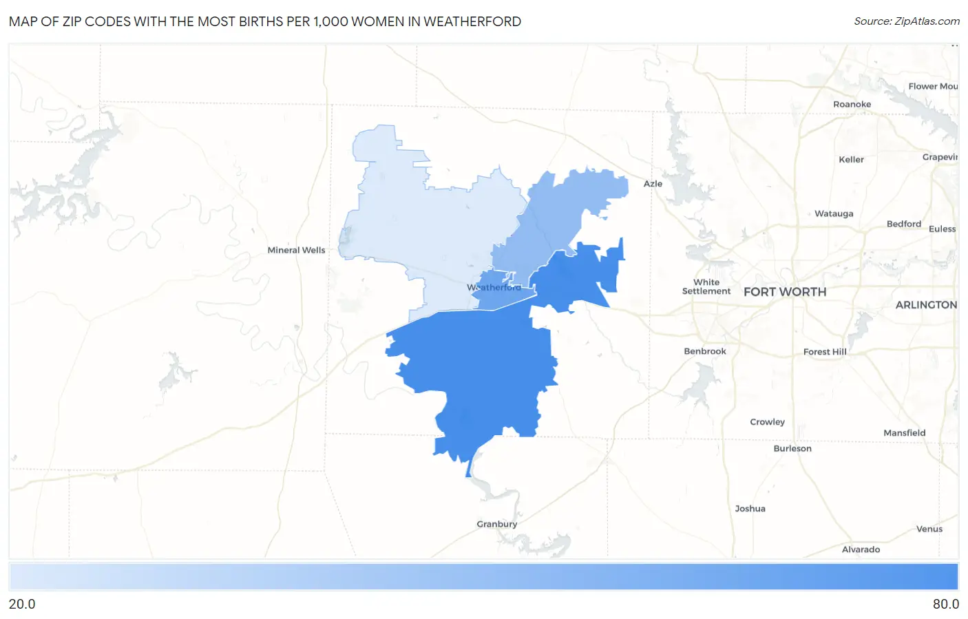 Zip Codes with the Most Births per 1,000 Women in Weatherford Map