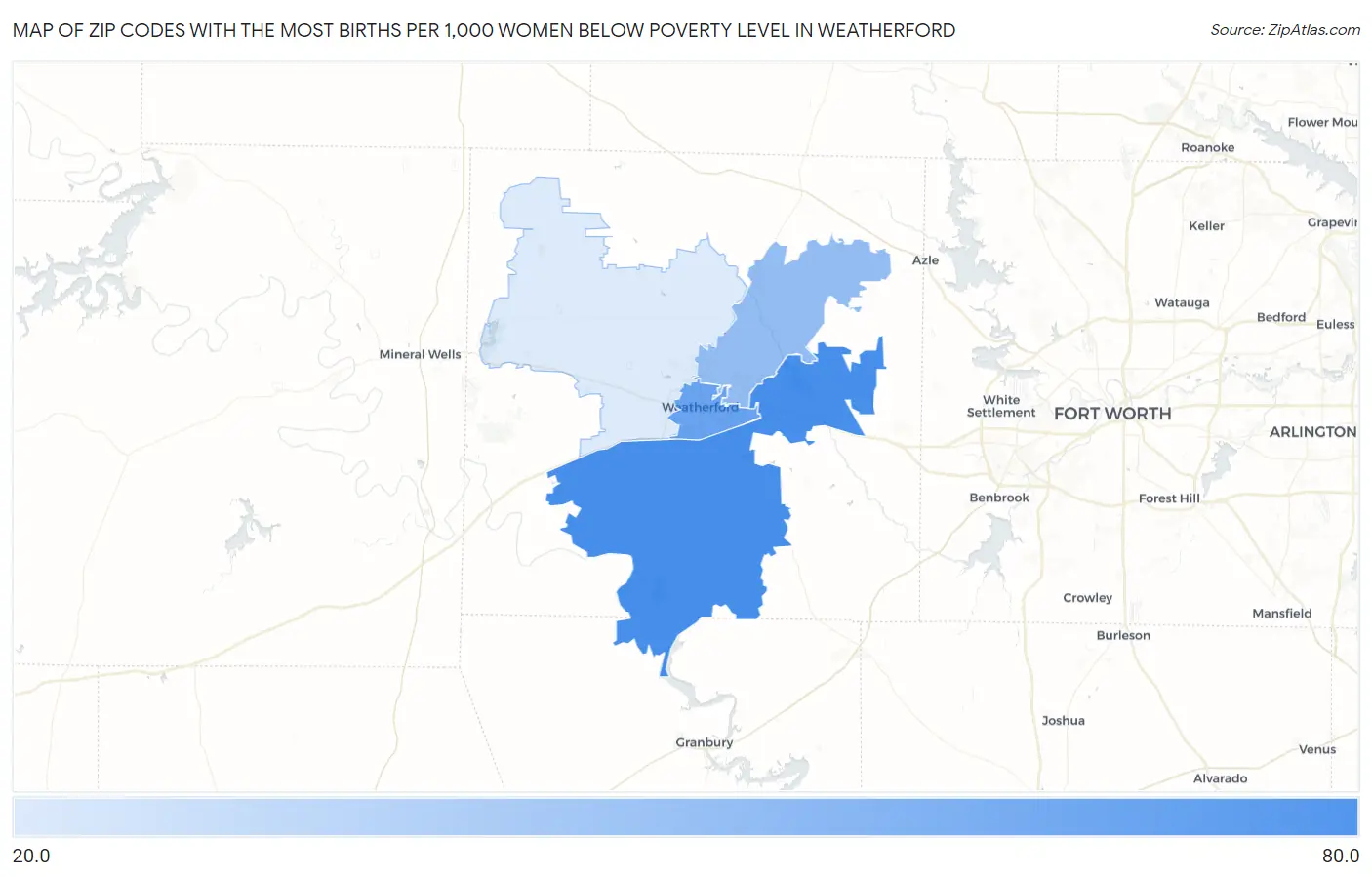 Zip Codes with the Most Births per 1,000 Women Below Poverty Level in Weatherford Map