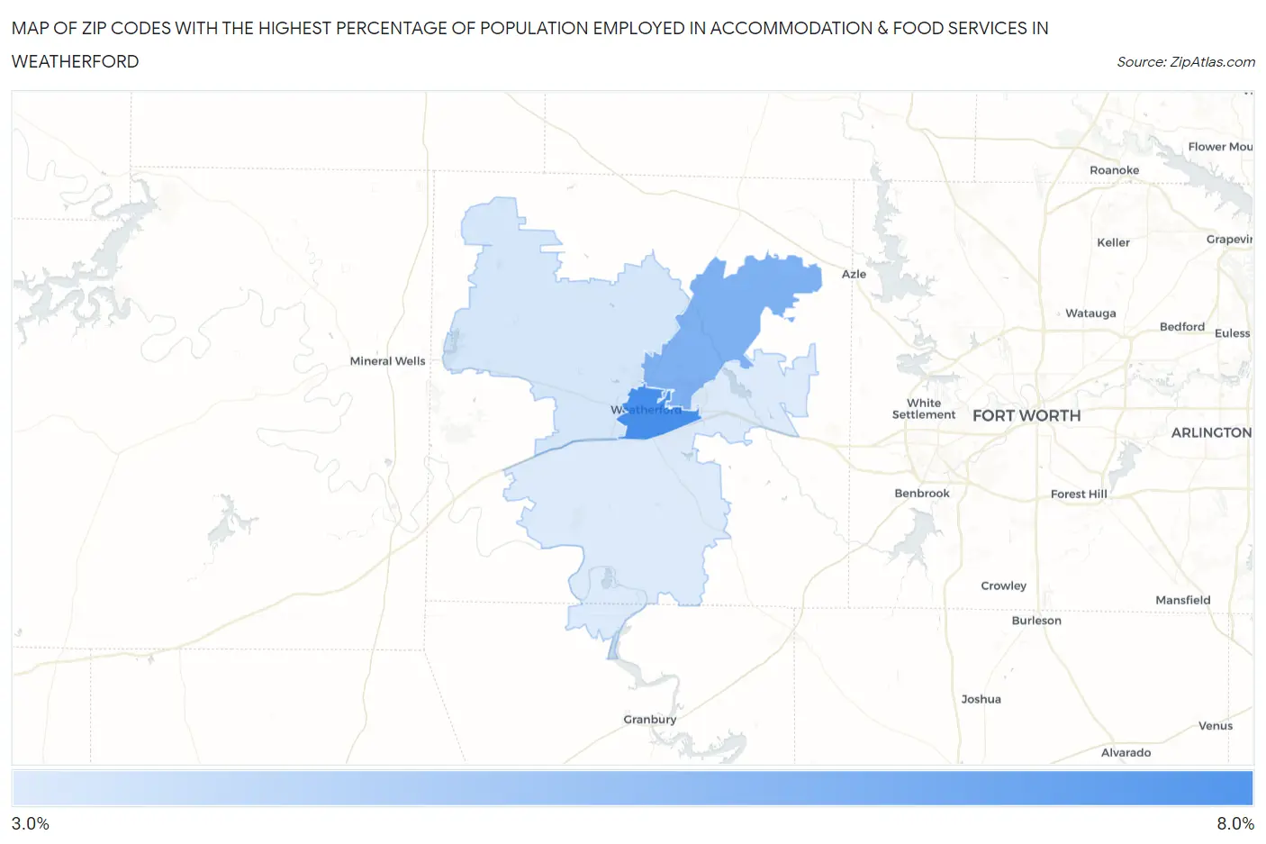 Zip Codes with the Highest Percentage of Population Employed in Accommodation & Food Services in Weatherford Map