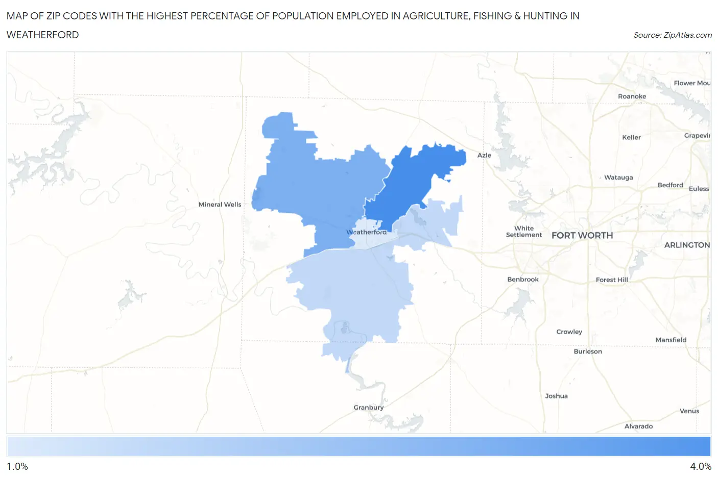 Zip Codes with the Highest Percentage of Population Employed in Agriculture, Fishing & Hunting in Weatherford Map