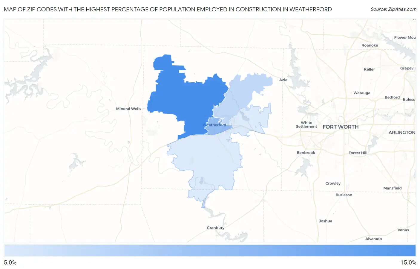 Zip Codes with the Highest Percentage of Population Employed in Construction in Weatherford Map