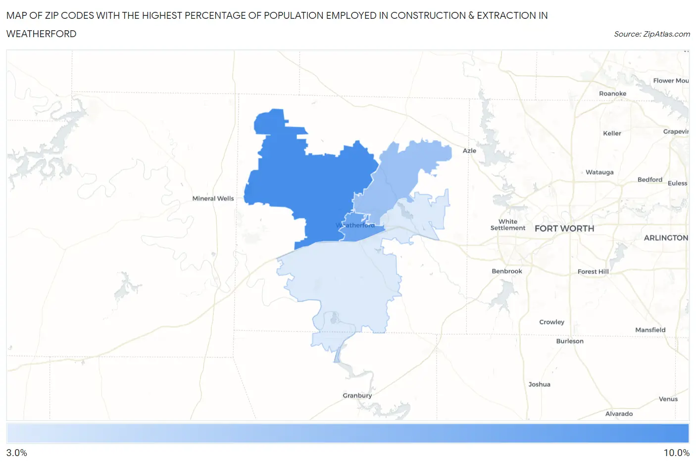 Zip Codes with the Highest Percentage of Population Employed in Construction & Extraction in Weatherford Map