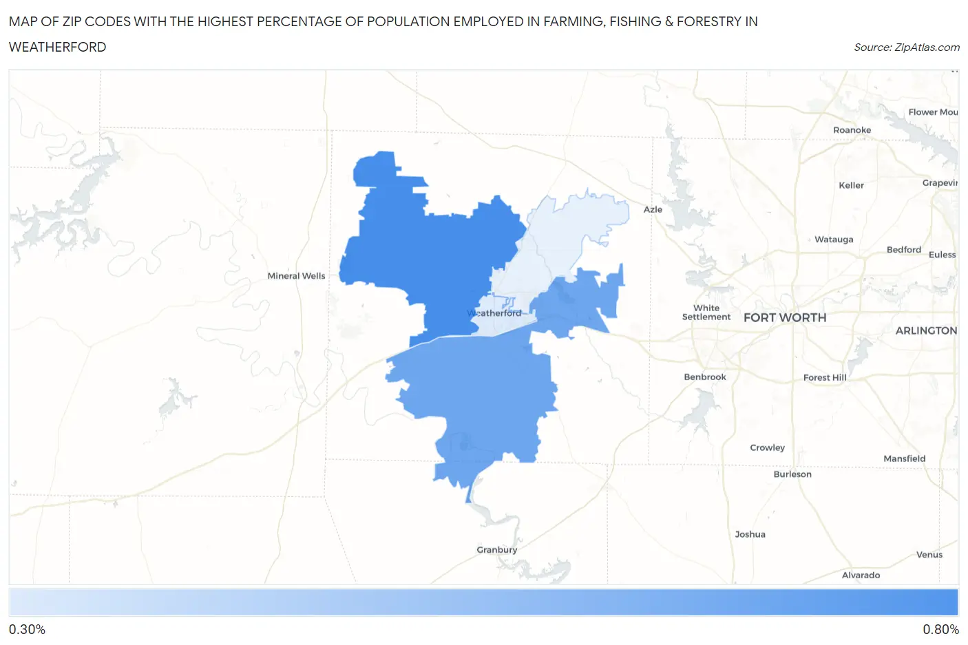 Zip Codes with the Highest Percentage of Population Employed in Farming, Fishing & Forestry in Weatherford Map