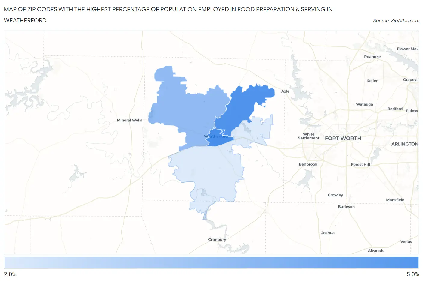 Zip Codes with the Highest Percentage of Population Employed in Food Preparation & Serving in Weatherford Map