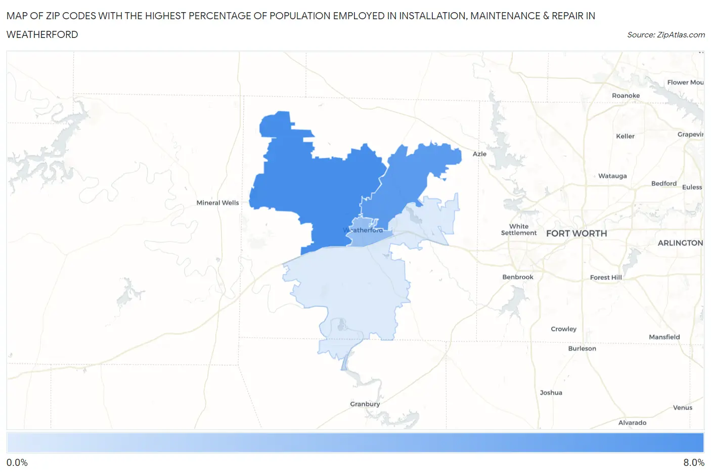 Zip Codes with the Highest Percentage of Population Employed in Installation, Maintenance & Repair in Weatherford Map